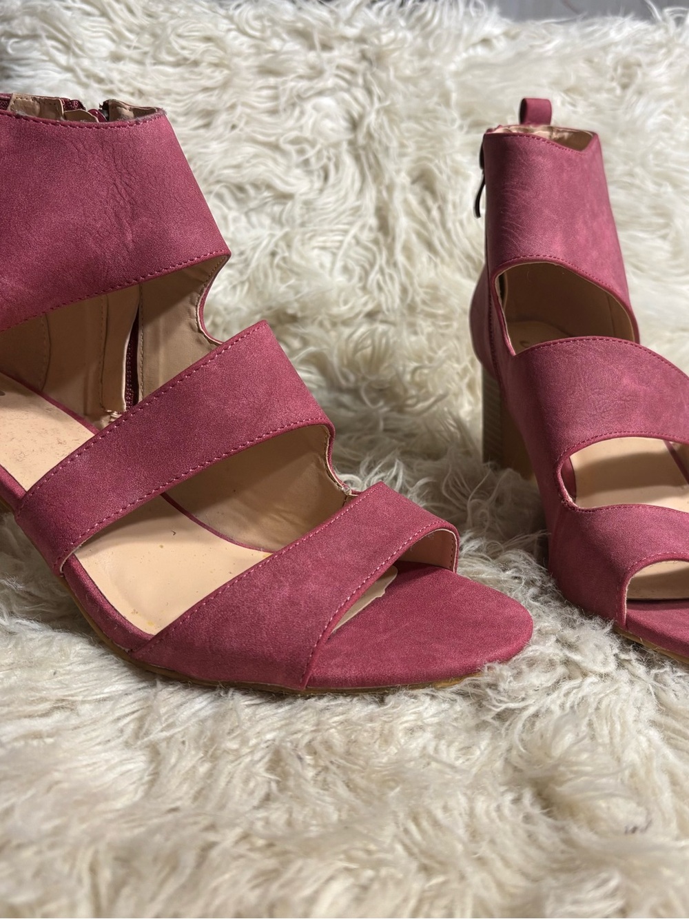 Women's Pink Suede Strappy Block Heel Booties